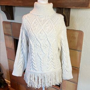 Zara Cream Cable Knit Fringe Turtleneck Sweater, size S